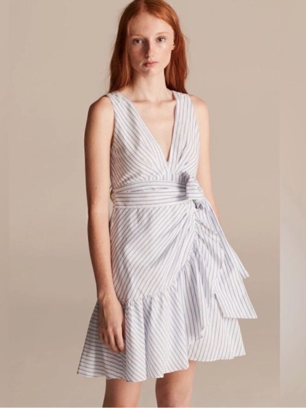 Rebecca Taylor White and Light Blue Striped Wrap Mini Dress